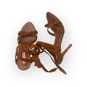 Blumarine Tan Brown Suede Sandal Heel, Ankle Tie, 38